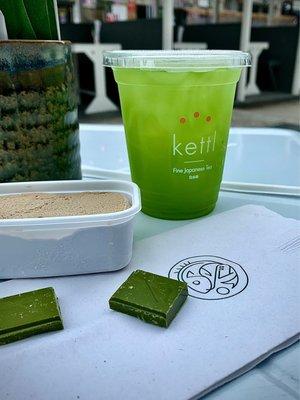 Hojicha Gelato, Gyokuro matcha, complimentary matcha chocolate