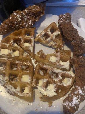 Grease soaked waffle and bland chicken tenders