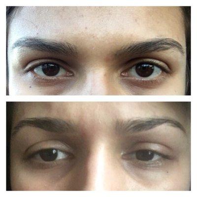 Top Picture: my eyebrows before going to Miracle Brow. Bottom Picture: my eyebrows after Nay did them.