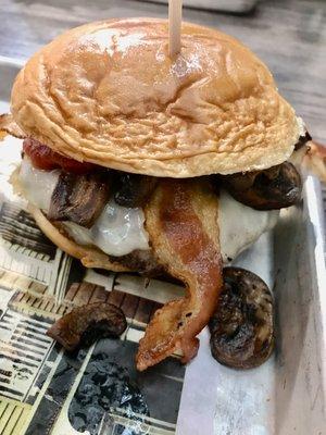 OFD Burger (Originally From Dorchester) Double burger with Swiss, bacon, tomato jam and sautéed mushrooms. I added grilled onions.