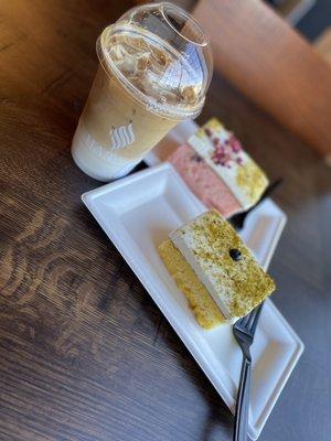 Vanilla latte + rose + saffron cake