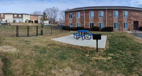 Picnic area by studio buildings