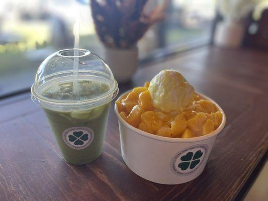 Mango bingsoo and matcha latte with oat milk