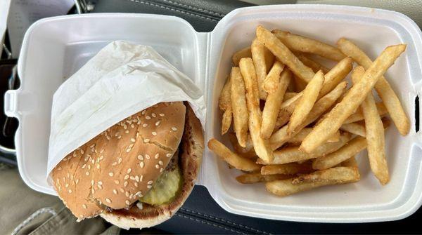 1/4 Lbs Cheeseburger with pickles, onions and a small order of fries