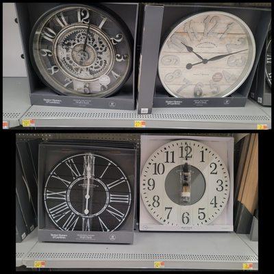 Walmart 20" wall clocks; bottom right is 23". Top two have stickers "quiet movement" (10/25/22)