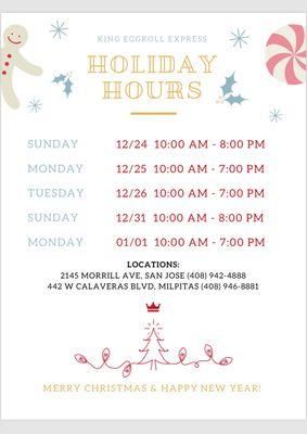 Holiday hours for 2023. Merry Christmas and Happy New Year.