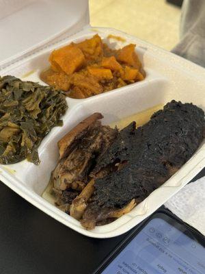 Jerk Turkey Wings mild, collards and Sweet potatoes