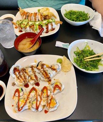 A variety of rolls, seaweed salad with Miso soup