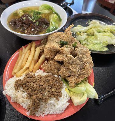 Beef noodle soup Garlic lettuce Popcorn chicken with minced pork over rice