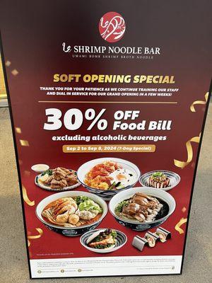 Sign with Soft Opening Special of 30% off Food Bill for dine-in