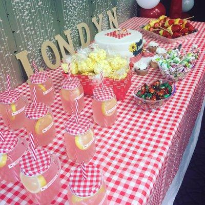 Candy, popcorn, mason jars, letters, table cloth: ALL DOLLAR STORE