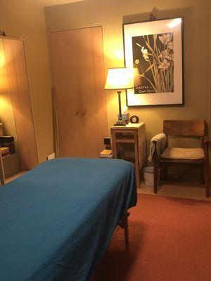 The treatment room with warm lighting and plenty of space to assess posture and body position.