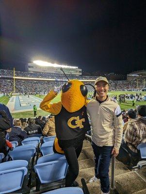 Go Jackets! With Georgia Tech Yellow Jackets mascot Buzz at the Georgia Tech at No. 13 North Carolina football game on November 19, 2022.