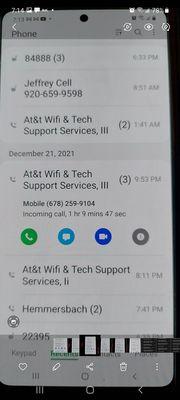 calls to from barrister Hemmersbach and warehouse and at&t my Verizon phone late night  to att actual install time calls dropped recalled