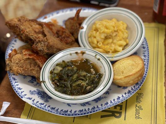 Mam-Maw St Johns Fried Chicken with turnip greens, Mac and cheese, and cornbread