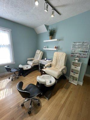 Enjoy a pedicure in our semi-private nail room. Enjoy being pampered while overlooking the park and mature trees. Relax and pamper yourself!