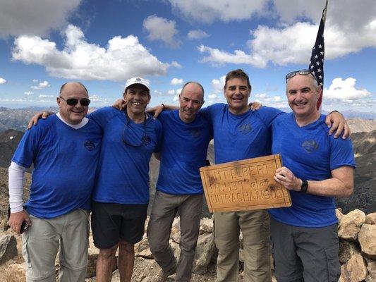 Our custom "14'ers" shirt at summit of mount Elbert, highest point in the Colorado Rockies