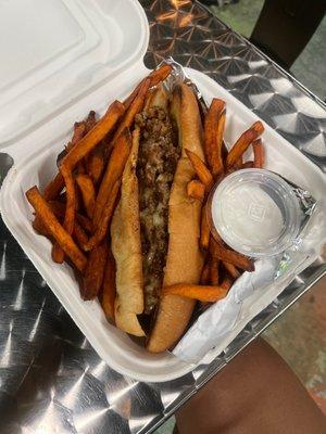 Philly cheesesteak with only meat and cheese and sweet potato fries yummy!!