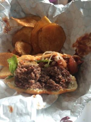 Hamburger with pepper jack and spicy sauce.