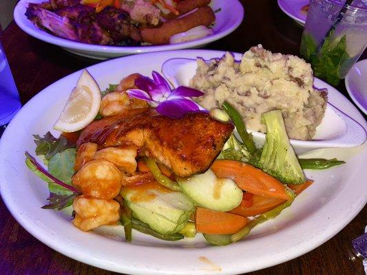 Orange Glazed Salmon and shrimp with Garlic Mashed Potatoes and Vegetables