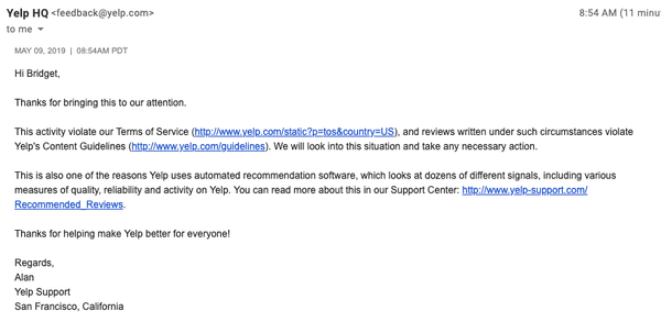 A RESPONSE FROM YELP ABOUT THIS SCAM ARTIST. They have confirmed "Dr." Ayran has violated the terms of service and he IS scamming.