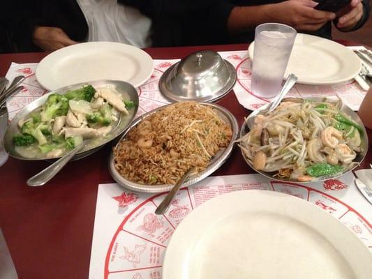 Broccoli chicken, shrimp fried rice, shrimp chow mein