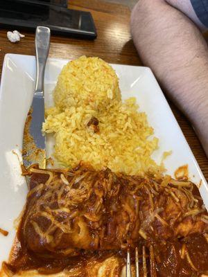 Red enchiladas and light turmeric rice.