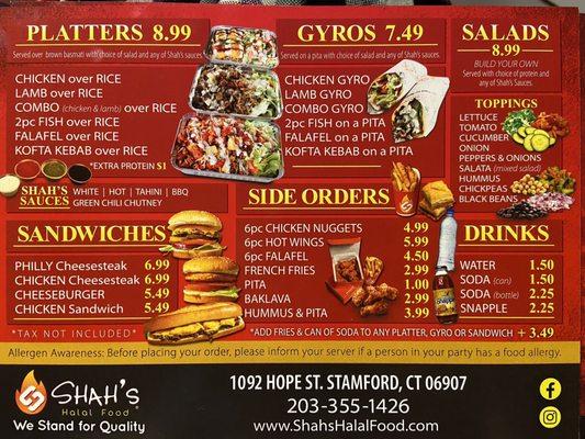 Shah's Halal takeout and catering menus