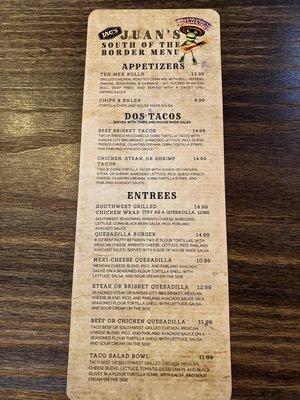 Juan's menu