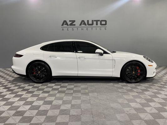 Side view panamera turbo. Tint, rim powder coat, chrome delete