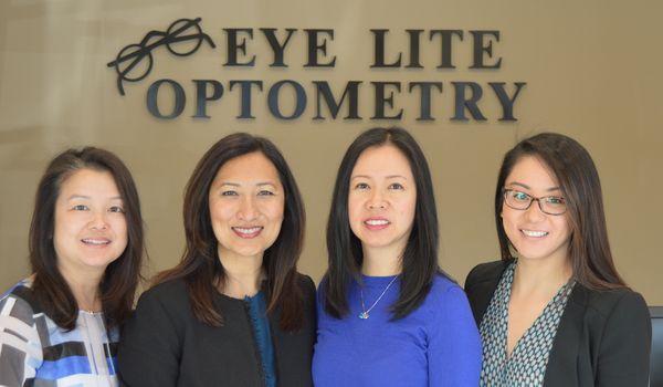 Our team of Optotometrists:
 Drs. Emily Yuen, Jabina Ramde, Andrea Dong, and Audrey Chu,