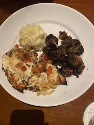 Rosemary chicken, mashed potatoes, Brussel sprouts