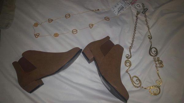 Two necklaces for $5 a piece and brand new booties never worn for $18