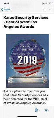 Karas Security Services has been selected for the 2019 Best of West Los Angeles Awards in the category of Security Company