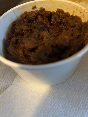 Chili I received at Firehouse Subs. It was burned and hard as a rock.