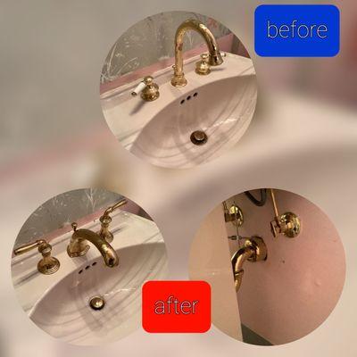 Polished brass faucet replacement and polished brass p-trap, angle stops and supply lines.