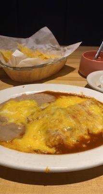 Cheese Enchilada, Refried Beans, salsa