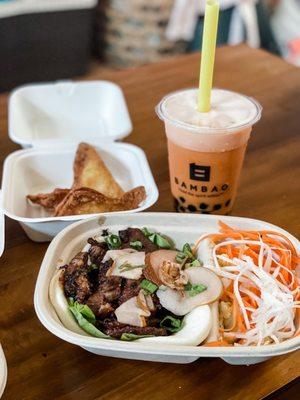 Crab Rangoon (3), Bulgogi Beef Short Rib Bao and Thai Iced Tea with boba