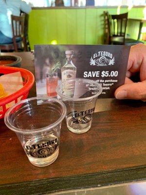 We dined on May 5th & were offered a free tasting of El Tesoro tequila