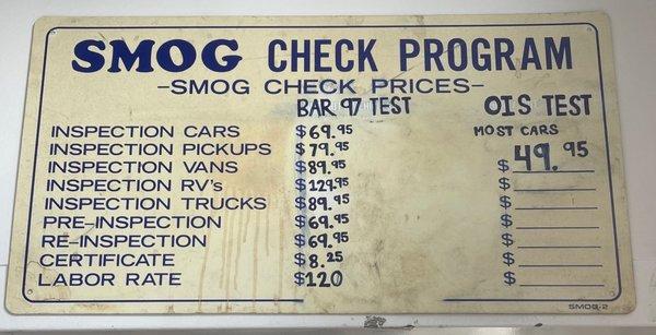 Smog check prices 10/2022