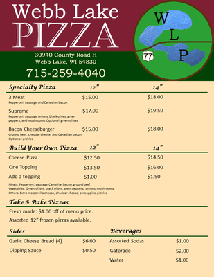 Updated menu. Call and inquire about what frozen pizzas we have available for take and bake.