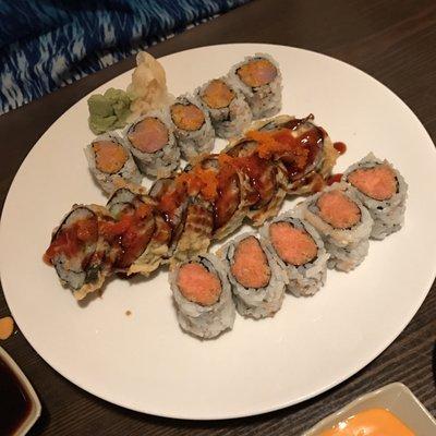 Spicy yellowtail, volcano, spicy tuna. My friend gets extra spicy mayo on the side at no additional charge.