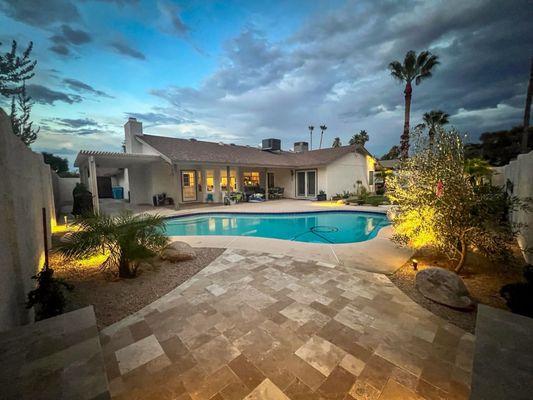 Pool and travertine decking with upgraded landscaping.