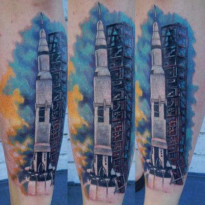 Saturn Rocket Tattoo  on shin bone by Rob Figueroa HPT @HallowedPointTattoo