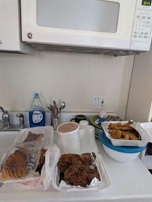 Fried chicken breasts, fried fish, sweet potatoes and sweet potato pie takeout