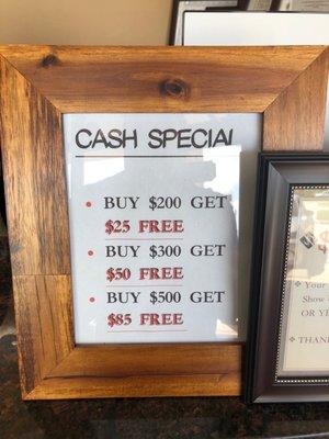 Cash specials.