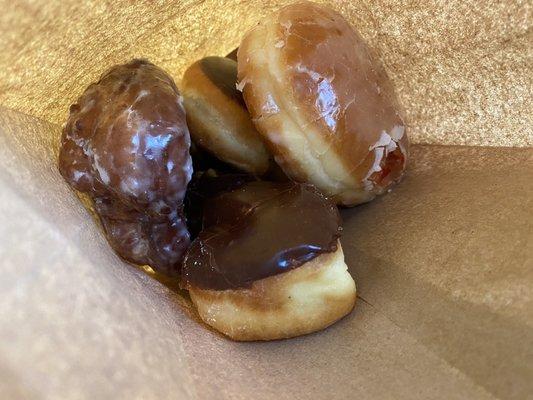 Apple fritter, Boston cream, chocolate twist, raspberry-filled