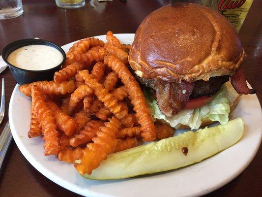 Black and Blue Burger, with sweet potato fries.  Ranch on the side.