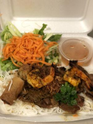 Vermicelli with grilled pork, 2 shrimp & an egg roll. (Sorry photo is a little blurry) Delicious! 2.6.21