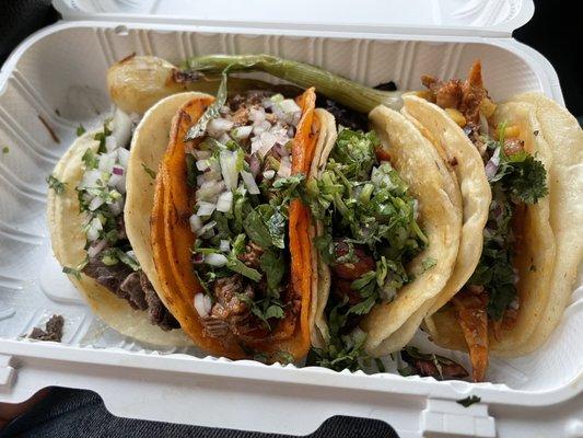 Delicious Tacos - Left to Right  - Asada, Birria, Chorizo, Pastor